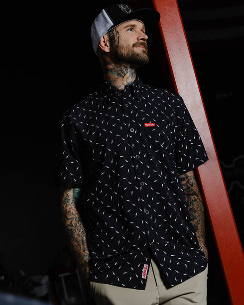 BOLT BLACK/WHITE PARTY SHIRT SHORT SLEEVE BUTTON UP  - MENS